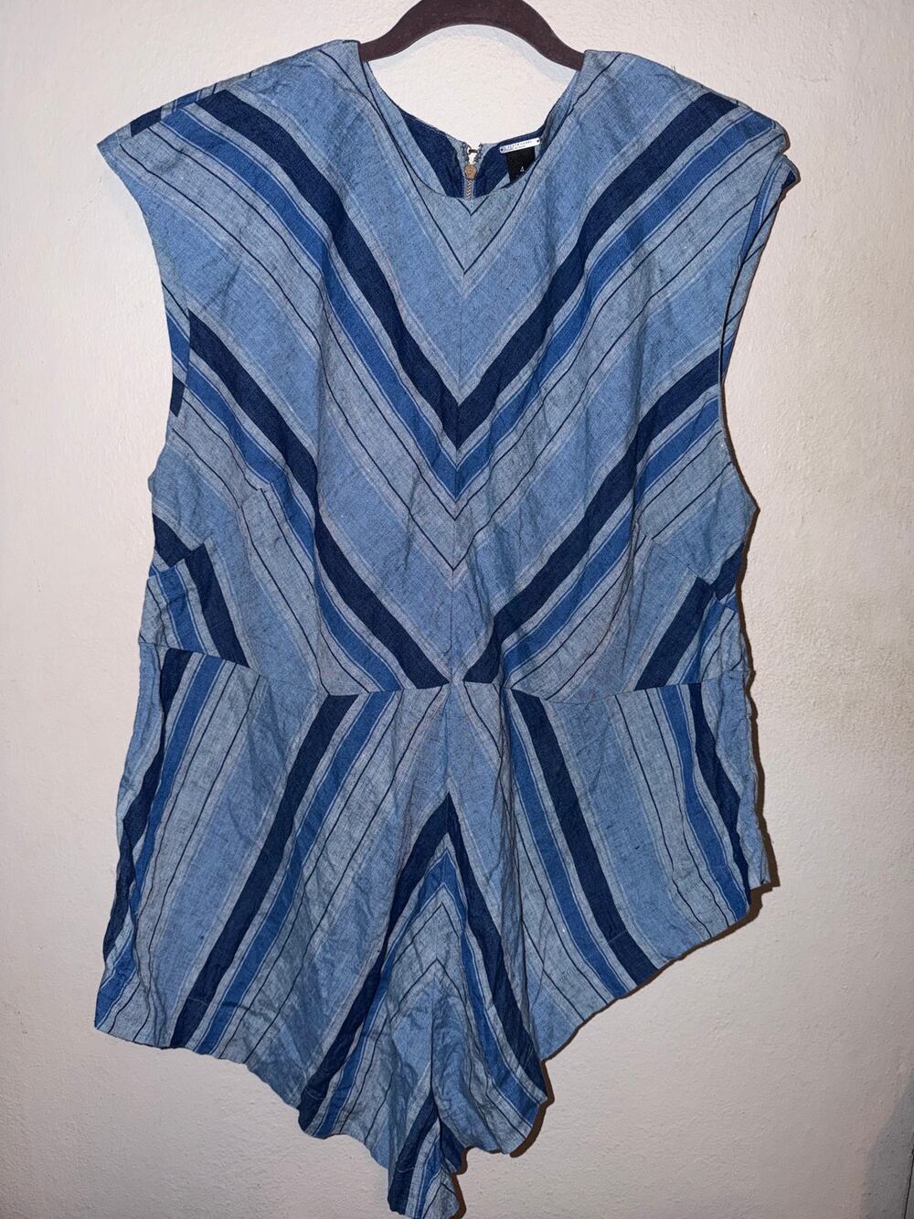 Chicos Black Label Linen Tunic Womens 4 Blue Striped Asymmetrical Zip Top